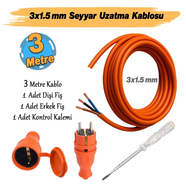 Seyyar 3 Metre Uzatma Kablosu TTR CCA Çok Telli 3x1.5 mm Elektrik Kablo Kontrol Kalem Dişi Erkek Fiş - Resim 2