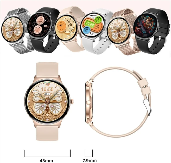 Bunnys realme C61 Uyumlu Şık Kadın Akıllı Saat – Su Geçirmez, Yuvarlak Çelik Kasa, Metal Kordon - 5