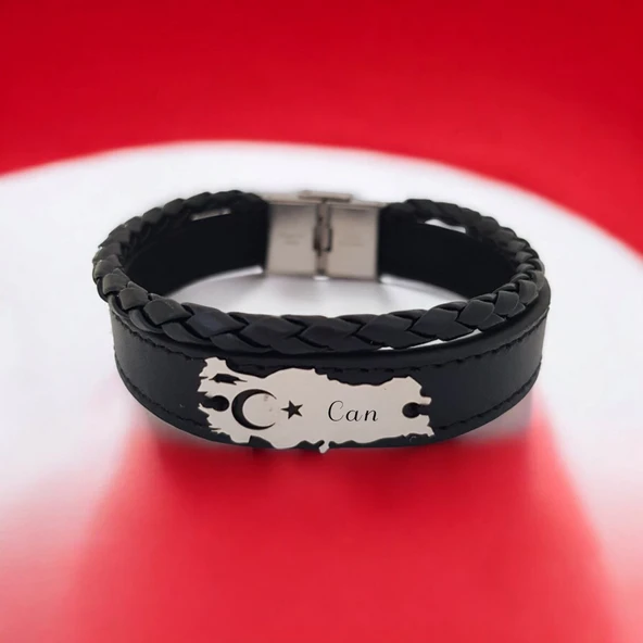 İsme Özel Vatan Severler İçin Türkiye Haritalı Hakiki Siyah Derili 925 Ayar Gümüş Plakalı Özel Hediye Bileklik-441 ürün görseli