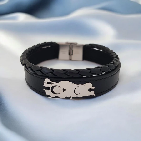 Harfe Özel 925 Ayar Gümüş Plakalı Vatan Severler İçin Türkiye Haritalı Hakiki Siyah Derili Hediye Bileklik-441 ürün görseli