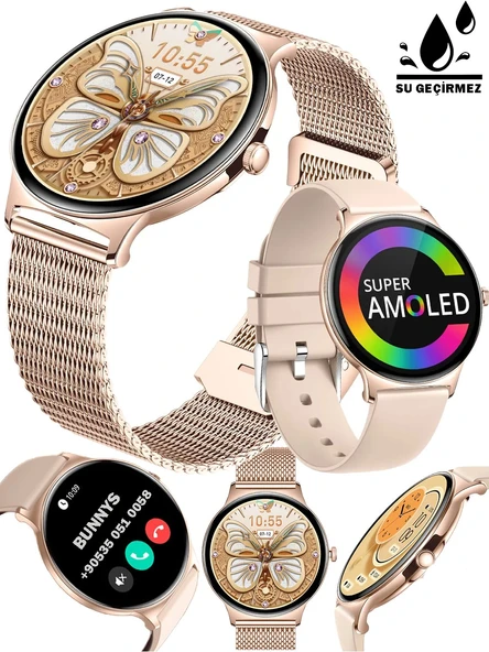 Bunnys realme C63 Uyumlu Şık Kadın Akıllı Saat – Su Geçirmez, Yuvarlak Çelik Kasa, Metal Kordon - 2