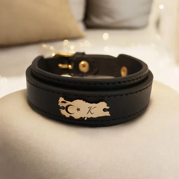 Vatan Severler İçin Harfe Özel 14 Ayar Altın Plakalı Türkiye Haritalı Hakiki Siyah Derili Hediye Bileklik-440 ürün görseli