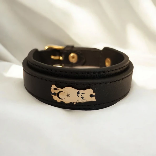 Vatan Severler İçin Sembole Özel Hakiki Siyah Derili 14 Ayar Altın Plakalı Türkiye Haritalı Hediye Bileklik-440 ürün görseli