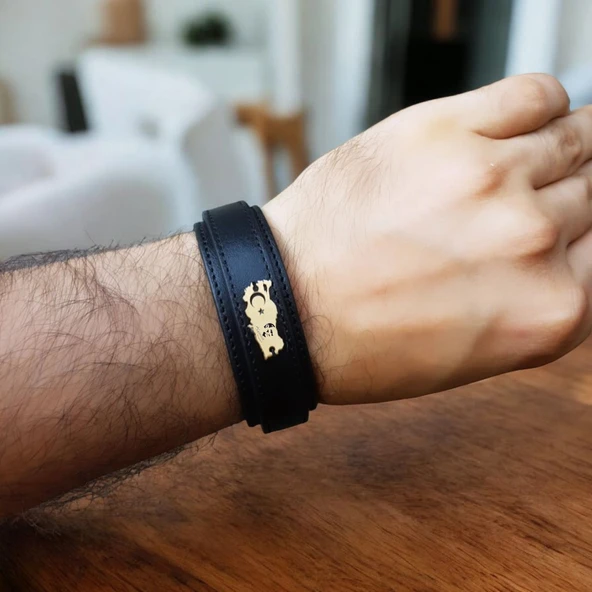 Vatan Severler İçin Sembole Özel Hakiki Siyah Derili 14 Ayar Altın Plakalı Türkiye Haritalı Hediye Bileklik-440 - Resim 2