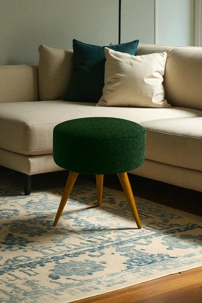 WoodyMaison Fiora Dekoratif Yuvarlak Puf – Peluş Teddy Kumaş, Ahşap Retro Ayaklı Bench - 3
