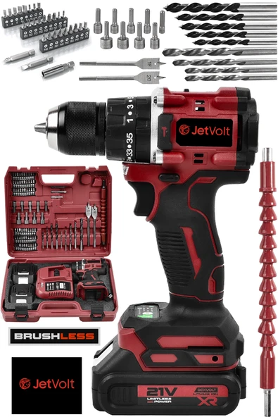 JetVolt 21V Çelik Mandren Kömürsüz Motor Darbeli Şarjlı Matkap Vidalama - Kırmızı - 1