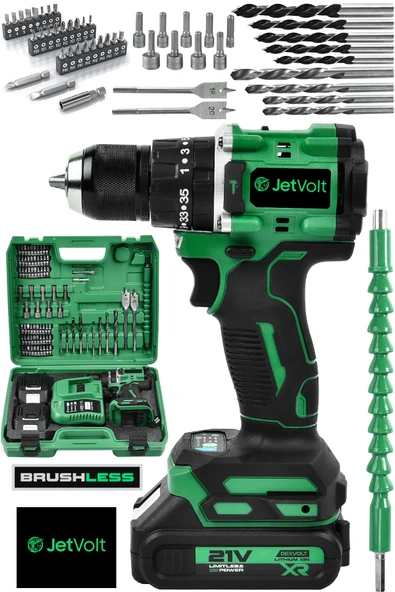 JetVolt 21V Çelik Mandren Kömürsüz Motor Darbeli Şarjlı Matkap Vidalama - Yeşil - 1