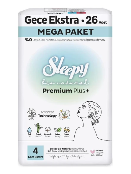 Sleepy Bio Natural Premium Plus Hijyenik Ped Mega Paket Gece 26 adet ürün görseli