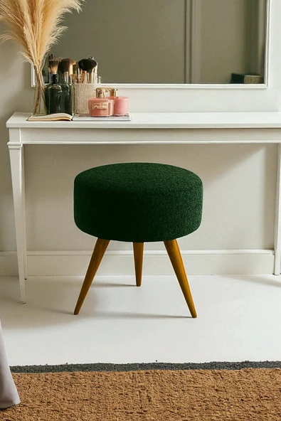 WoodyMaison Fiora Dekoratif Yuvarlak Puf – Peluş Teddy Kumaş, Ahşap Retro Ayaklı Bench - 4