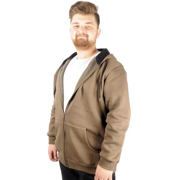 Erkek Sweatshirt Kapşonlu Zippered Basic 20543 Haki - 1