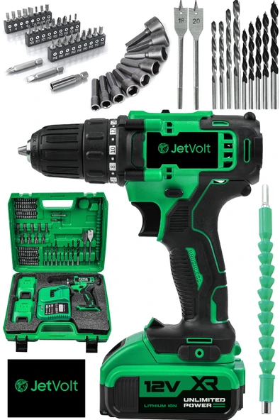 JetVolt 12V 1.5Ah Metal Şanzuman Çift Akülü 84 Parça Şarjlı Matkap Akülü Vidalama - Yeşil ürün görseli 1