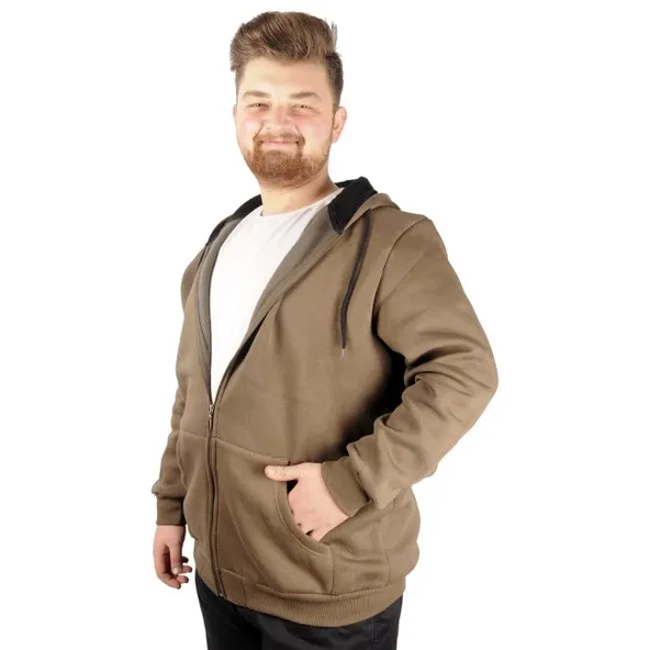 Erkek Sweatshirt Kapşonlu Zippered Basic 20543 Haki - 2
