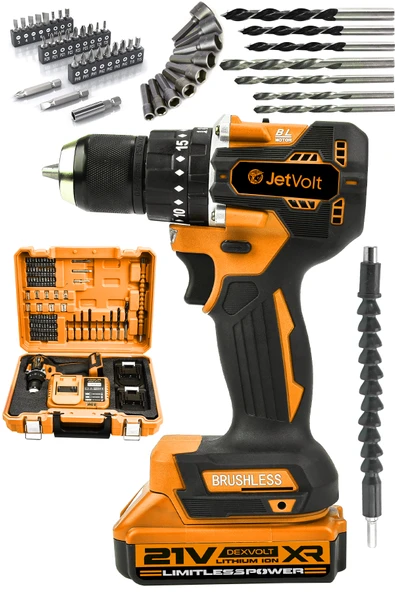 JetVolt 21V 2.0Ah Kömürsüz Motor Çelik Mandren Darbeli Şarjlı Matkap Akülü Vidalama - Turuncu - 1