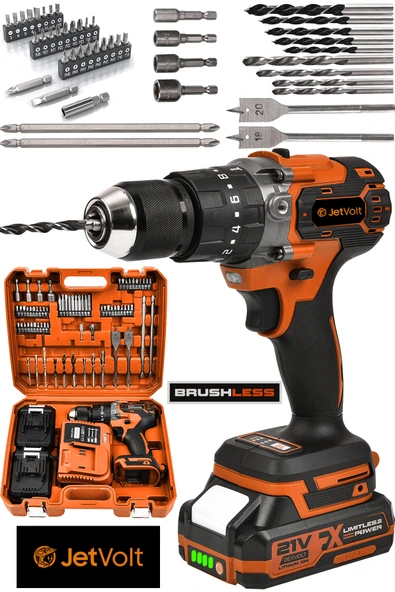 JetVolt 21V Çelik Mandren Kömürsüz Motor Darbeli Şarjlı Matkap Vidalama - Turuncu - 1