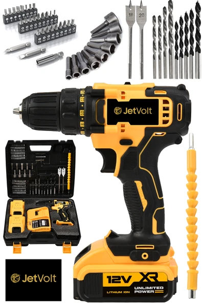 JetVolt 12V 1.5Ah Metal Şanzuman Çift Akülü 84 Parça Şarjlı Matkap Akülü Vidalama - Sarı - 1