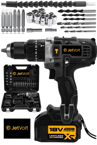 JetVolt 18V Metal Şanzıman Çift Akülü Şarjlı Darbeli Matkap 24 Parça - Siyah ürün görseli 1
