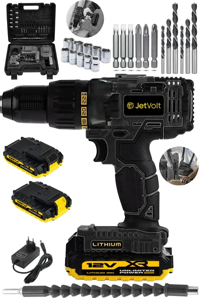 JetVolt 12V 1.5Ah Metal Şanzıman Çift Akülü Bakır Sargı 24 Parça Şarjlı Matkap Akülü Vidalama - Siyah ürün görseli 1