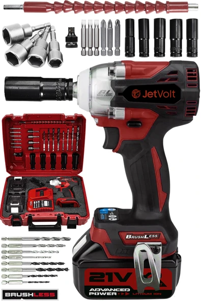 JetVolt 21V 2.0Ah Profesyonel Somun Sıkma Sökme Şarjlı Darbeli Matkap Akülü Vidalama - Kırmızı - 1