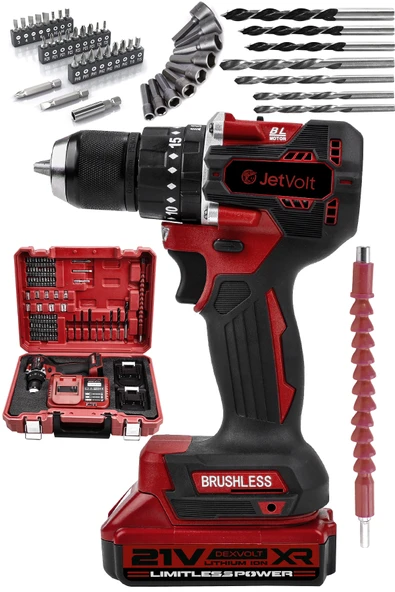 JetVolt 21V 2.0Ah Kömürsüz Motor Çelik Mandren Darbeli Şarjlı Matkap Akülü Vidalama - Kırmızı ürün görseli 1