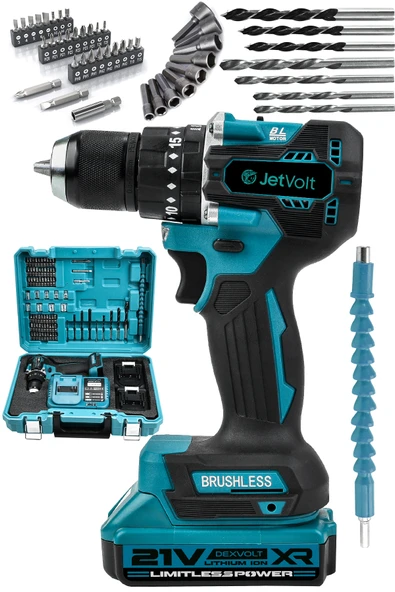 JetVolt 21V 2.0Ah Kömürsüz Motor Çelik Mandren Darbeli Şarjlı Matkap Akülü Vidalama - Mavi - 1