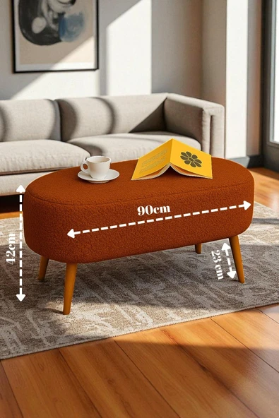 WoodyMaison Liva Büyük Oval Puf Bench – Ahşap Retro Ayaklı, Dekoratif Peluş Tabure - 2
