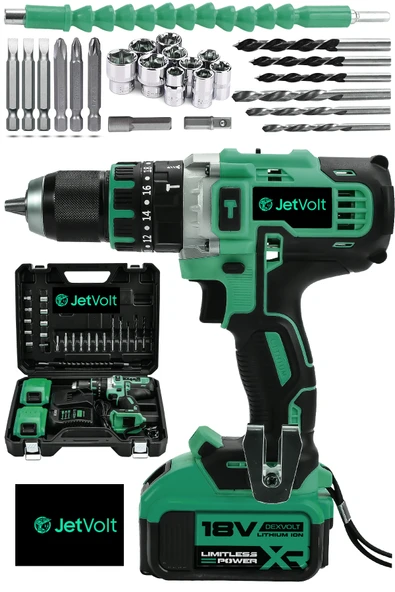 JetVolt 18V Metal Şanzıman Çift Akülü Şarjlı Darbeli Matkap 24 Parça - Yeşil ürün görseli 1