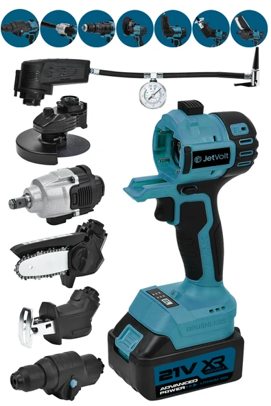 JetVolt 7 Başlıklı Set Taşlama Somun Sıkma Tilki Kuyruğu Dal Budama Akülü Vidalama Hava Pompası Hilti - Mavi ürün görseli 1