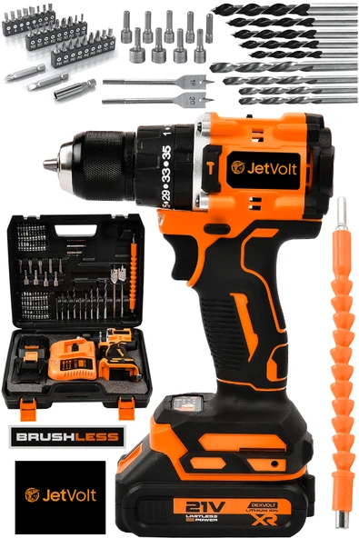 JetVolt 21V Çelik Mandren Kömürsüz Motor Darbeli Şarjlı Matkap Vidalama - Turuncu ürün görseli 1