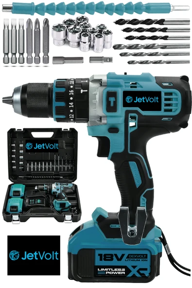 JetVolt 18V Metal Şanzıman Çift Akülü Şarjlı Darbeli Matkap 24 Parça - Mavi - 1