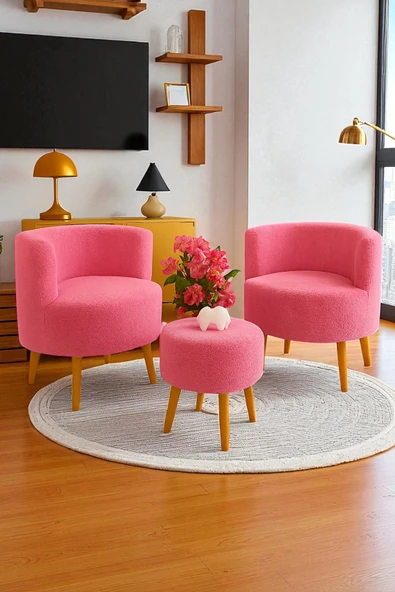 WoodyMaison Janna – Üçlü Set, İki Berjer ve Bir Puf,(Salon, Balkon, Ofis) Konforlu Oturma Takımı - 3