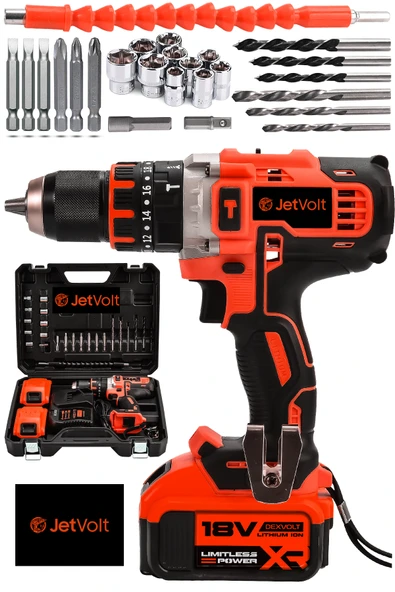 JetVolt 18V Metal Şanzıman Çift Akülü Şarjlı Darbeli Matkap 24 Parça - Kırmızı ürün görseli 1