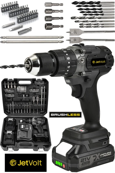 JetVolt 21V Çelik Mandren Kömürsüz Motor Darbeli Şarjlı Matkap Vidalama - Siyah - 1