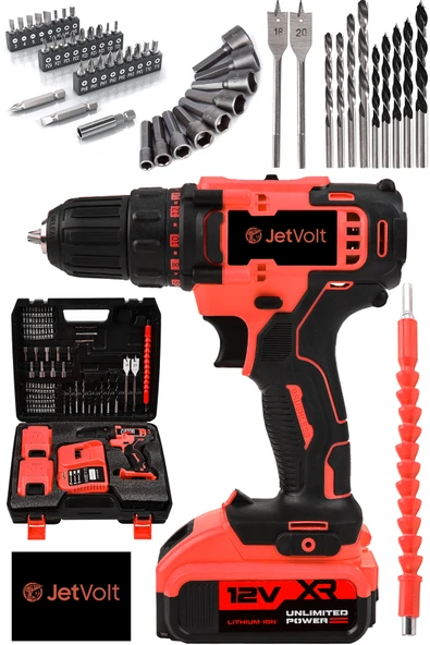 JetVolt 12V 1.5Ah Metal Şanzuman Çift Akülü 84 Parça Şarjlı Matkap Akülü Vidalama - Kırmızı ürün görseli 1