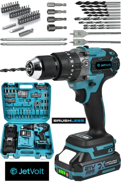 JetVolt 21V Çelik Mandren Kömürsüz Motor Darbeli Şarjlı Matkap Vidalama - Mavi - 1