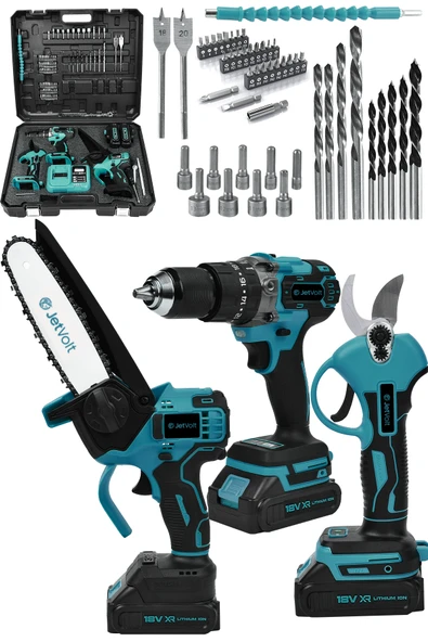 JetVolt 3 lü Set Kömürsüz Motor Çift Akülü Şarjlı Matkap Şarjlı Budama Makası Şarjlı Budama Testeresi - Mavi ürün görseli 1