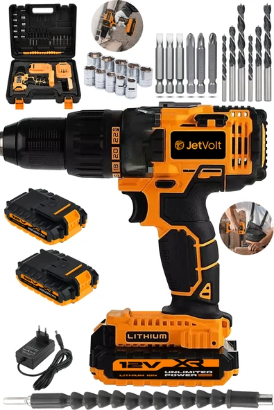 JetVolt 12V 1.5Ah Metal Şanzıman Çift Akülü Bakır Sargı 24 Parça Şarjlı Matkap Akülü Vidalama - Turuncu ürün görseli 1
