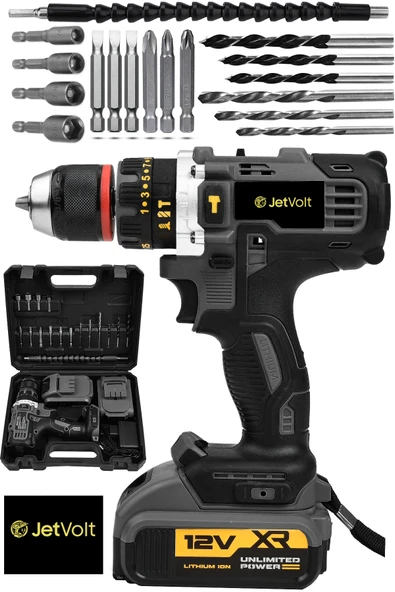 JetVolt 12V 1.5Ah Çelik Şanzıman Çift Akülü Darbeli Şarjlı Matkap Akülü Vidalama - Siyah - 1