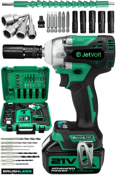 JetVolt 21V 2.0Ah Profesyonel Somun Sıkma Sökme Şarjlı Darbeli Matkap Akülü Vidalama - Yeşil ürün görseli 1