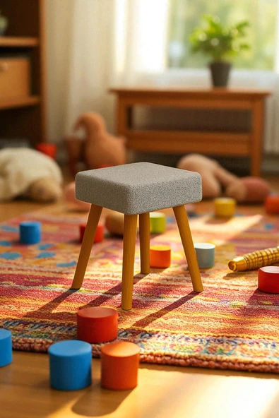 WoodyMaison Verta Kare Peluş Puf Bench – Ahşap Ayaklı, Dekoratif ve Rahat