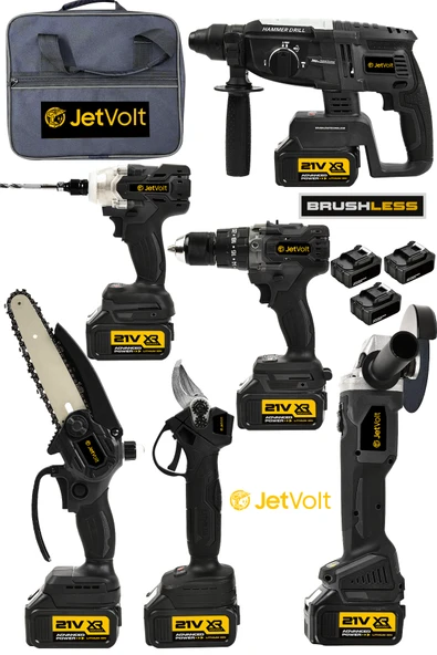 JetVolt Profesyonel 21V 2.0Ah Bez Çantalı Kömürsüz Darbeli 6'lı Set - Siyah - 1