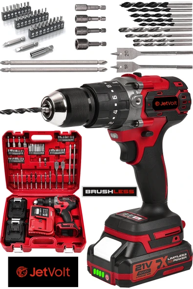 JetVolt 21V Çelik Mandren Kömürsüz Motor Darbeli Şarjlı Matkap Vidalama - Kırmızı - 1