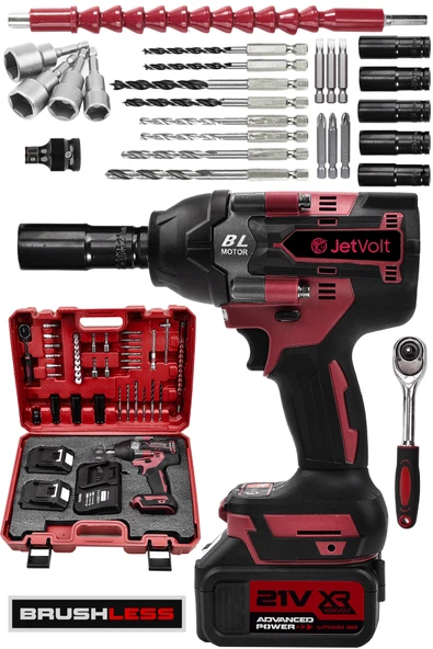 JetVolt 21V 2.0Ah Akülü Vidalama Darbeli Kömürsüz Motor 800Nm 10 Pilli Bijon Somun Sökme Sıkma - Kırmızı - 1