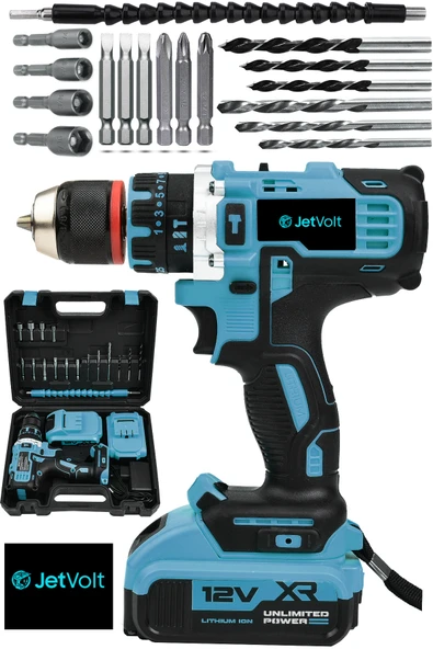 JetVolt 12V 1.5Ah Çelik Şanzıman Çift Akülü Darbeli Şarjlı Matkap Akülü Vidalama - Mavi ürün görseli 1
