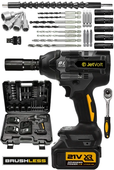 JetVolt 21V 2.0Ah Akülü Vidalama Darbeli Kömürsüz Motor 800Nm 10 Pilli Bijon Somun Sökme Sıkma - Sarı - 1