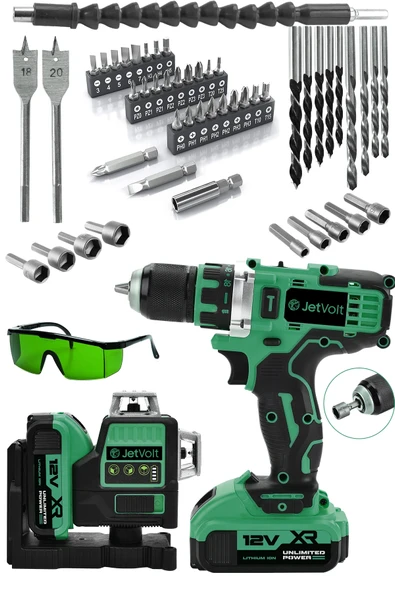 JetVolt Çift Akülü 12 Köşe 360° Otomatik Hizalamalı Lazer Metre ve Çelik Mandren 84 Parça Şarjlı Matkap - Yeşil - 1