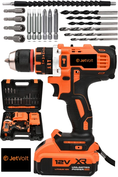 JetVolt 12V 1.5Ah Çelik Şanzıman Çift Akülü Darbeli Şarjlı Matkap Akülü Vidalama - Turuncu - 1