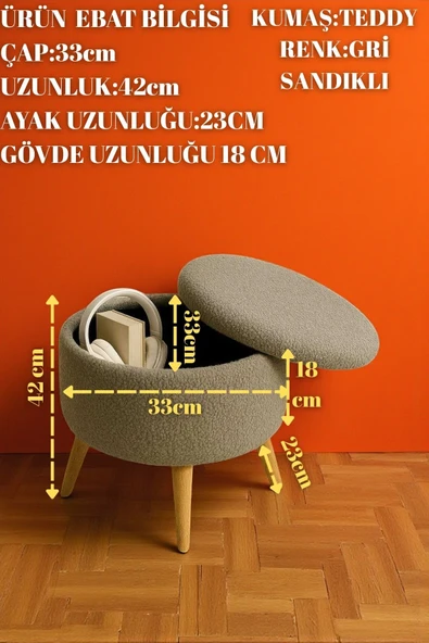 WoodyMaison Nova Sandıklı Puf – Teddy Peluş Yuvarlak, Ahşap Ayaklı Retro Dekoratif Bench - 2
