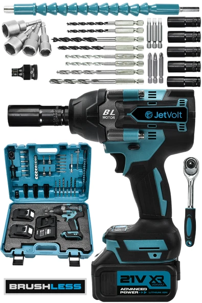 JetVolt 21V 2.0Ah Akülü Vidalama Darbeli Kömürsüz Motor 800Nm 10 Pilli Bijon Somun Sökme Sıkma - Mavi - 1