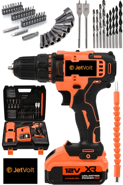 JetVolt 12V 1.5Ah Metal Şanzuman Çift Akülü 84 Parça Şarjlı Matkap Akülü Vidalama - Turuncu ürün görseli 1