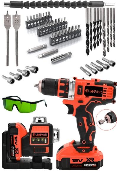 JetVolt Çift Akülü 12 Köşe 360° Otomatik Hizalamalı Lazer Metre ve Çelik Mandren 84 Parça Şarjlı Matkap - Kırmızı - 1